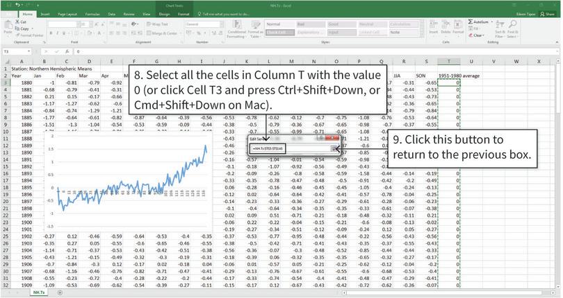 Add a horizontal line showing the 1951–1980 average
: The cells in Column T contain the vertical axis values we need to add to the chart, so we need to select them all.
