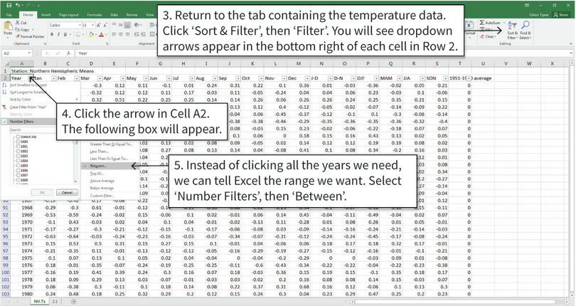 Filter the data
: It is easier to make a frequency table if you have filtered the data to show only the values you need for the table (the years 1951–1980 in this case).
