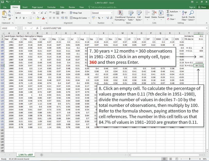 Use the numbers obtained to calculate percentages
: COUNTIF gives us numbers, but to convert these into percentages we need to divide the numbers from COUNTIF by the total number of observations. Note: The values you get may be slightly different to those shown here if you are using the latest data.
