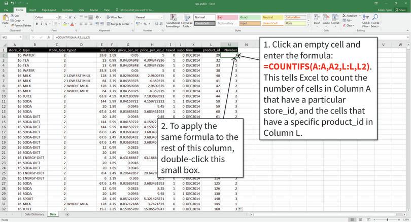 Count the number of times each product appears in the dataset
: We only want to look at products that were present in all time periods, to ensure we are comparing the same group of products over time. We will create a new variable (called ‘Number’, shown in Column M) that shows how many periods of data are available for each product. Excel’s COUNTIFS function will help us count the number of observations that satisfy certain conditions.
