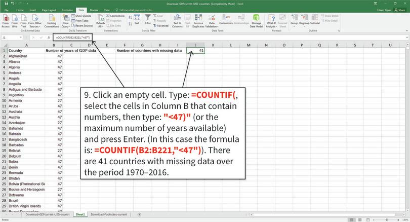 Count the number of countries with missing data
: To count the number of countries with missing data, use the COUNTIF function. Excel will count the number of cells in a given selection that meet the specified criteria. Note: If you are using the latest data, you should change the number in the COUNTIF function from  ‘47’ to the maximum number of years available (the latest year in your data minus 1970 plus 1), so the numbers you get may be slightly different.
