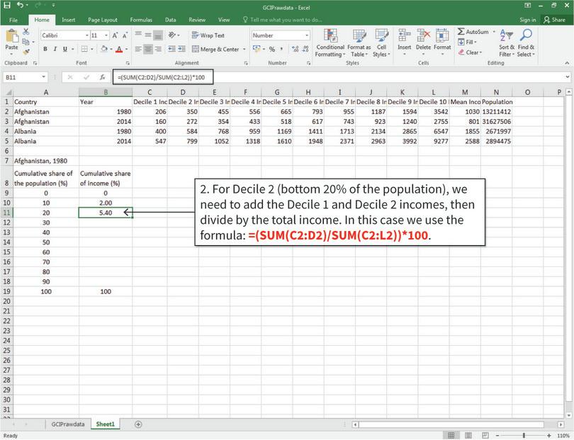 Calculate the cumulative share of income using the SUM function
: Decile 2 and the remaining deciles are calculated slightly differently from Decile 1, because we have to also include the incomes of lower deciles in the calculation.
