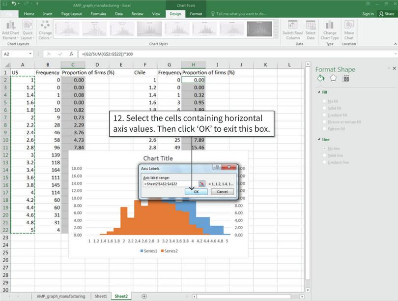 Change the horizontal axis values and series names
: After step 12, the horizontal axis value for the selected columns will change.

