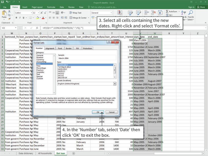 Reformat the cells as date variables
: After step 4, you may not notice any visible changes to the text in cells, but Excel now recognizes them as dates and you can use them to make calculations, such as counting the number of days between two dates.
