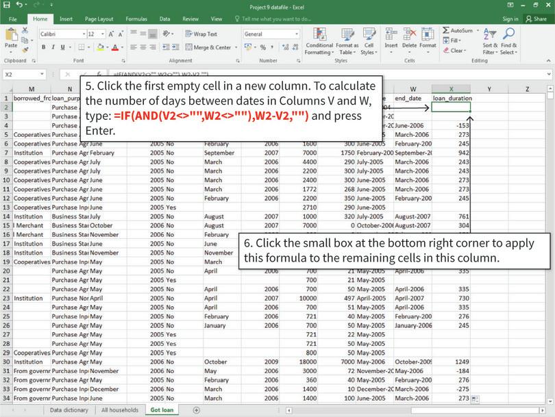 Use date variables to calculate duration
: With the proper formatting, Excel can calculate the number of days between two dates. In this example, some of the start dates are later than the end dates, resulting in negative numbers. We will correct these values in the next step.
