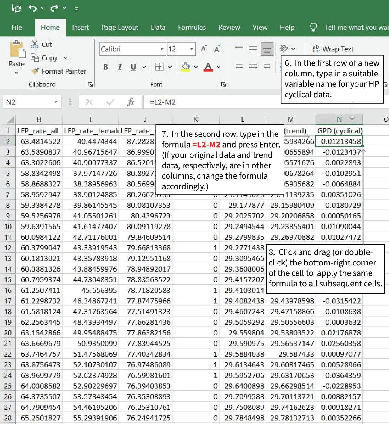 Calculate the cyclical component of a data series
: Calculate the cyclical component by subtracting the trend component from the actual log GDP values.

