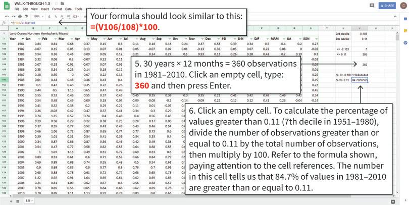 Use the numbers obtained to calculate percentages
: COUNTIF gives us numbers, but to convert these into percentages we need to divide the numbers from COUNTIF by the total number of observations. Note: The values you get may be slightly different to those shown here if you are using the latest data.
