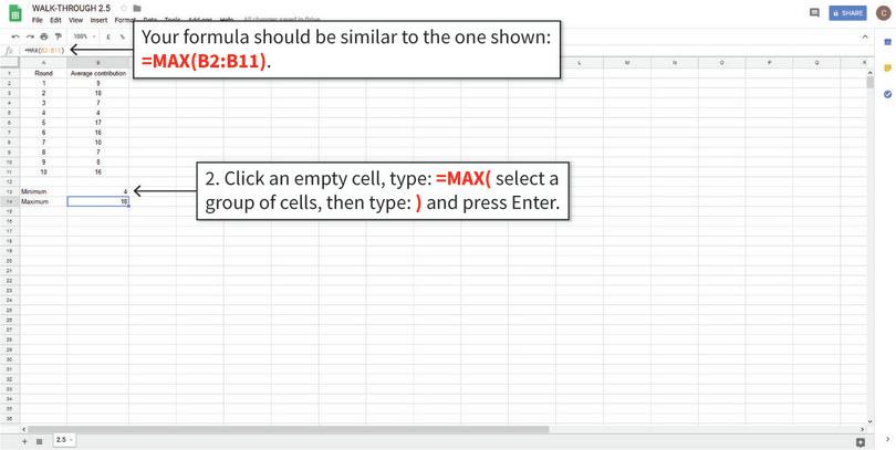 Calculate the maximum value and the range
: The MAX function calculates the maximum value. The maximum value here is 18. The range is the interval formed by the minimum and the maximum value. In words, we say ‘the range is 4 to 18’ or ‘the average contribution ranges from 4 to 18’. In numbers, we say ‘the range is [4,18]’.
