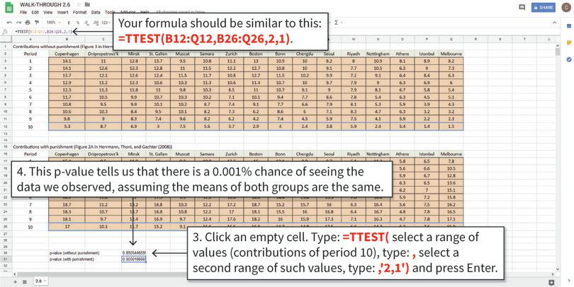 Calculate the p-value for Period 10 data
: Follow these steps to calculate the p-value for Period 10 (the cells in the dotted boxes). The only difference from the previous formula (for Period 1) is the data selected.
