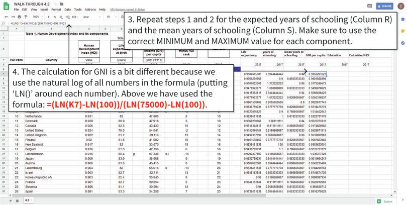 Calculate dimension indices of each component
: After step 4, you will have dimension indices for each component. Make sure to use the LN function to calculate the dimension index for income.
