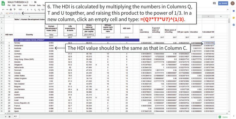 Amend the formula for expected years of schooling to give the correct HDI values
: After step 6, you will have the correct HDI value for most countries. Some of your HDI values (Australia, in the example shown) will not be the same as the reported HDI. This is because some dimensions for that country can exceed the value chosen to be the maximum (e.g expected years of schooling), so the dimension index is greater than 1. For these countries, we need to recalculate the dimension index for expected years of schooling, in order to get the correct value. We can correct this by modifying the formula in Column R.
