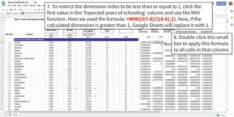 Amend the formula for expected years of schooling to give the correct HDI values
: The problem with some countries is that expected years of schooling is greater than the value chosen as the maximum (18). In these cases, replacing the dimension index with 1 solves the problem. After repeating steps 7 and 8 for all columns with values greater than one, you can see that the calculated HDI values now correspond to the values in Column C.
