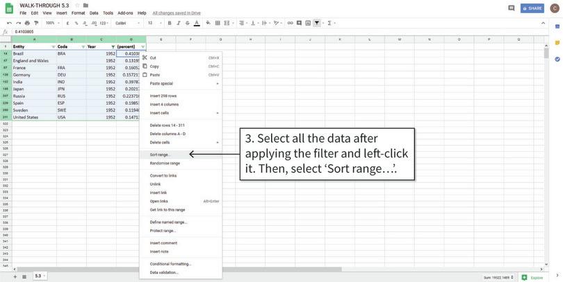 Sort the data from smallest to largest Gini coefficient
: We will sort the data according to the values in Column D.

