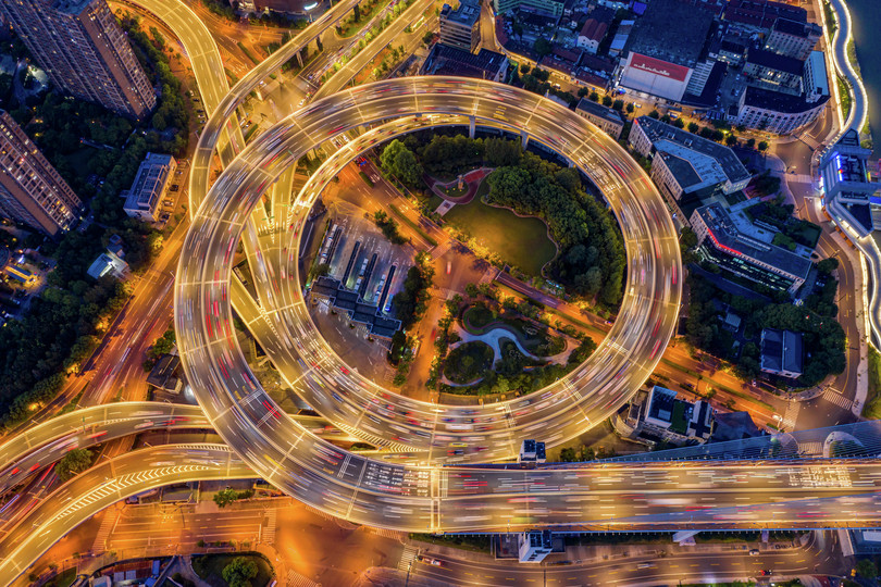 Aerial shot of a ring overpass.
