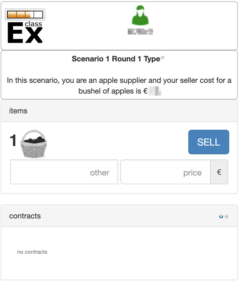 Screenshots of a supplier and a demander for online trading. Screens are the same for in-class trading, except that demanders do not have the ‘Buy’ button and are assigned an ID number (see Figure B).