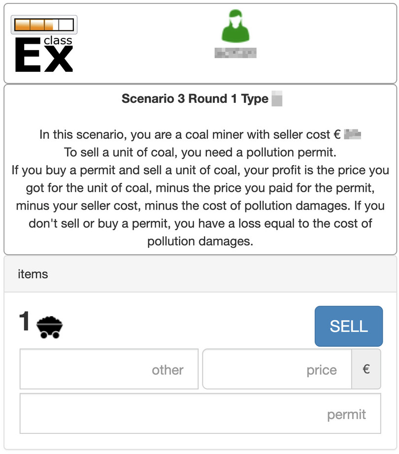 Screen for a mine owner in Session 3. The mine owner must type in the code obtained in exchange for a pollution permit, the buyer’s ID, and the agreed price in order to formalize the transaction.