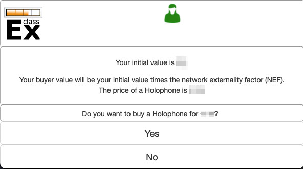Student’s screen showing the information on the initial value and price (hidden), and the buttons to buy or not to buy.