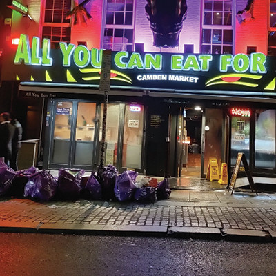 The response of a London eatery to rapidly rising prices in 2023: the sign says 'All you can eat for...', leaving the price blank.