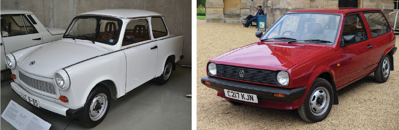 Vehículos de Alemania Oriental y de Alemania Occidental. En la imagen de la izquierda se ve un Trabant 601 S sujeto a las especificaciones de la DDR. En la imagen de la derecha se ve un Volkswagen Polo C Formel E 1.3 de 1986.