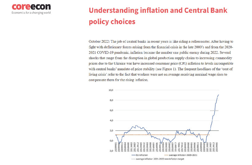 El gráfico de líneas ilustra las variaciones de la tasa de inflación en la Unión Europea de 2009 a 2022, donde se aprecian con claridad los efectos de la guerra de Ucrania. El eje horizontal muestra los años 2009 a 2022, y el eje vertical muestra las tasas de inflación en porcentajes que van del −2,0 % al 10,0 %. La línea de inflación de la UE revela fluctuaciones: cae desde más del 1,0 % a comienzos de 2009 hasta situarse justo por debajo del 0 % en cuestión de pocos meses, sube hasta alrededor del 3 % a finales de 2011, después cae de nuevo hasta una franja negativa a finales de 2014 y, poco a poco, remonta de nuevo hasta rondar el 2 % a finales de 2018. Tras alcanzar otro mínimo de alrededor del -0,5 % a finales de 2019, empieza a repuntar debido a la guerra de Ucrania hasta alcanzar un máximo superior al 9 % a mediados de 2022. Una línea continua horizontal en el nivel del 2 % indica el objetivo de inflación, que es más alto que la inflación real de la UE durante la mayoría del periodo que va de 2009 a 2021. También se muestran dos líneas horizontales discontinuas: una en torno al 1,6 %, que indica la inflación media de 2009 a 2021, y otra en el 6,0 %, que indica la inflación media de 2021 a 2022.