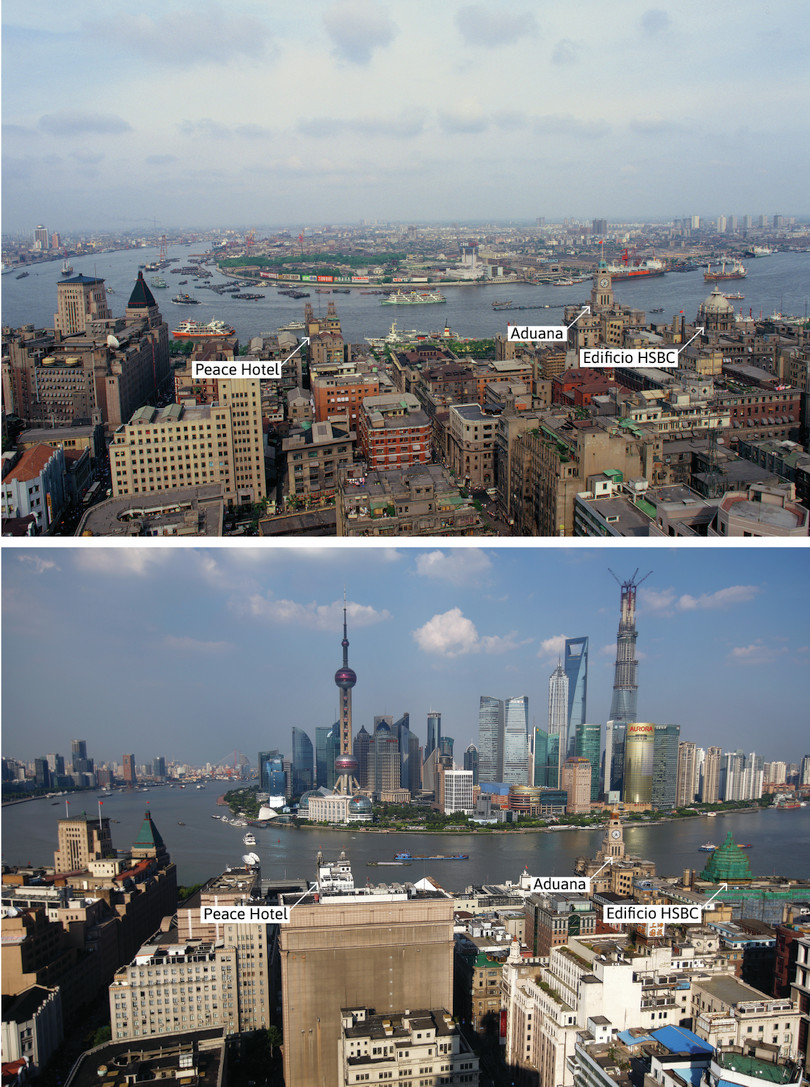 Hay dos imágenes que muestran la silueta urbana de Shanghái, con el Bund en primer plano y el distrito de Pudong al fondo, en 1987 (imagen superior) y en 2013 (imagen inferior). En ambas imágenes se indican de izquierda a derecha el Peace Hotel, la Aduana y el edificio de la HSBC.