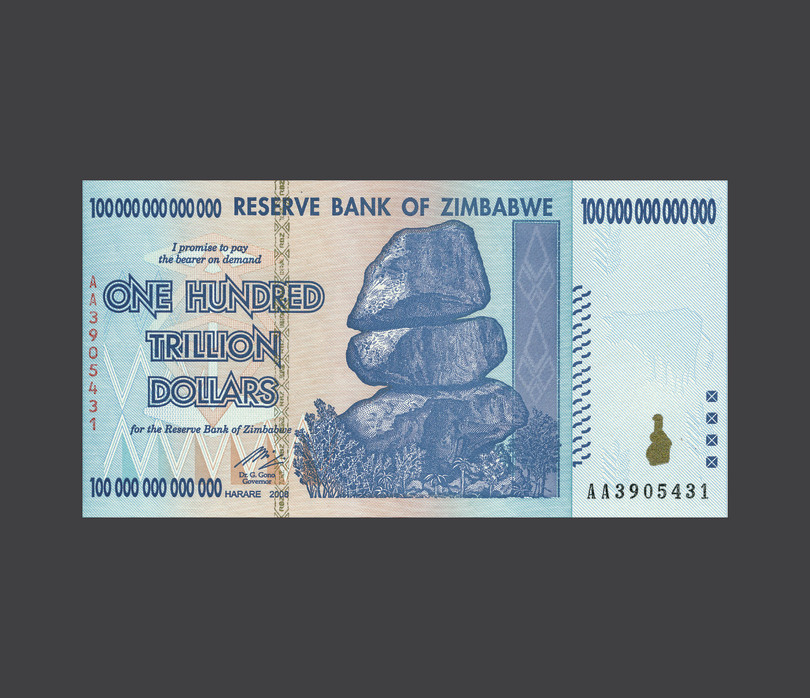 Billete de 100 billones de dólares zimbabuenses de 2009.