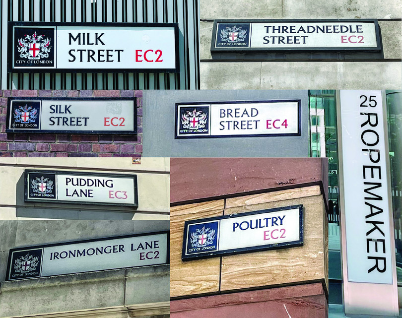 La imagen muestra varios rótulos urbanos con los nombres: Milk Street, Threadneedle Street, Silk Street, Bread Street, Pudding Lane, Ironmonger Lane, Poultry y Ropemaker.