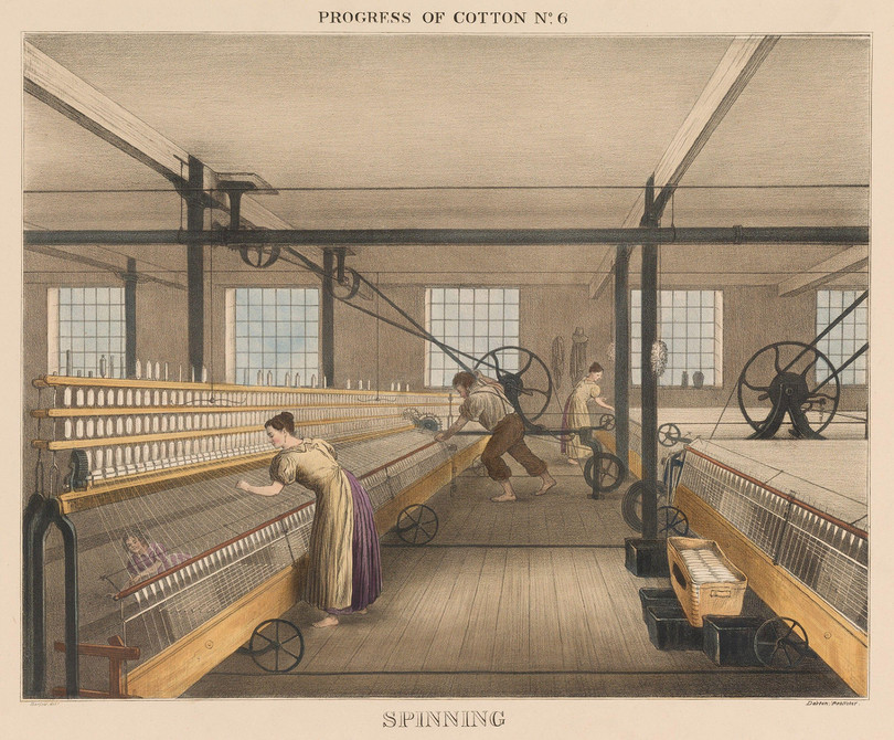 This image from 1835 shows workers spinning cotton with spinning mules, which could be powered by a water wheel or a coal-powered steam engine.