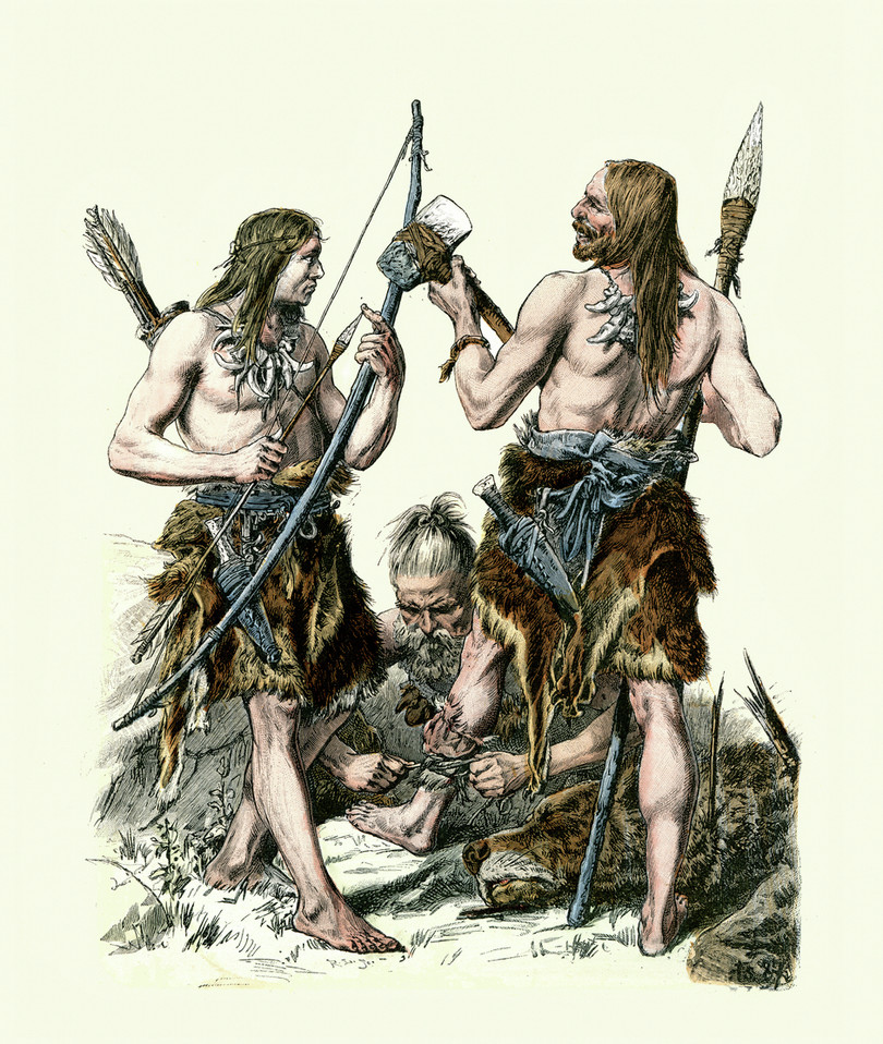 Stone Age hunters dressed in animal skins, armed with bow and arrow, flint axe and spear, wearing bone necklaces—these were likely their only private possessions.